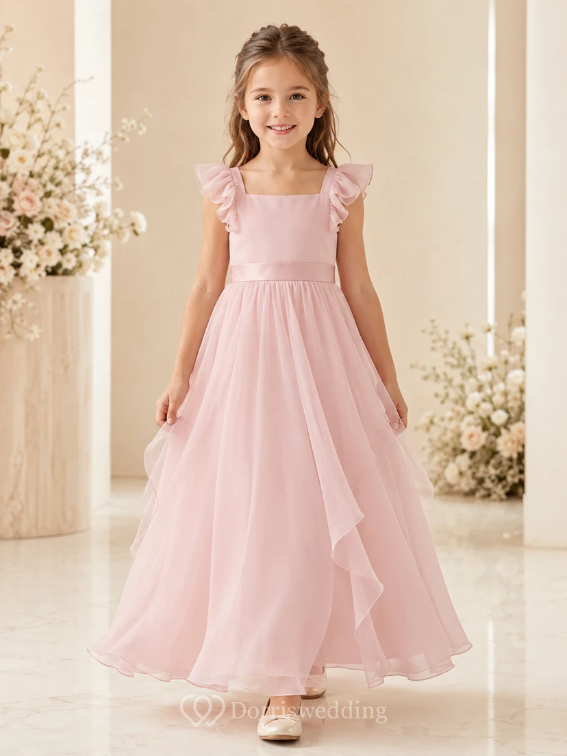 Blumenmädchenkleid aus rosafarbenem Chiffon, A-Linie, V-Ausschnitt, Teelänge, plissiert