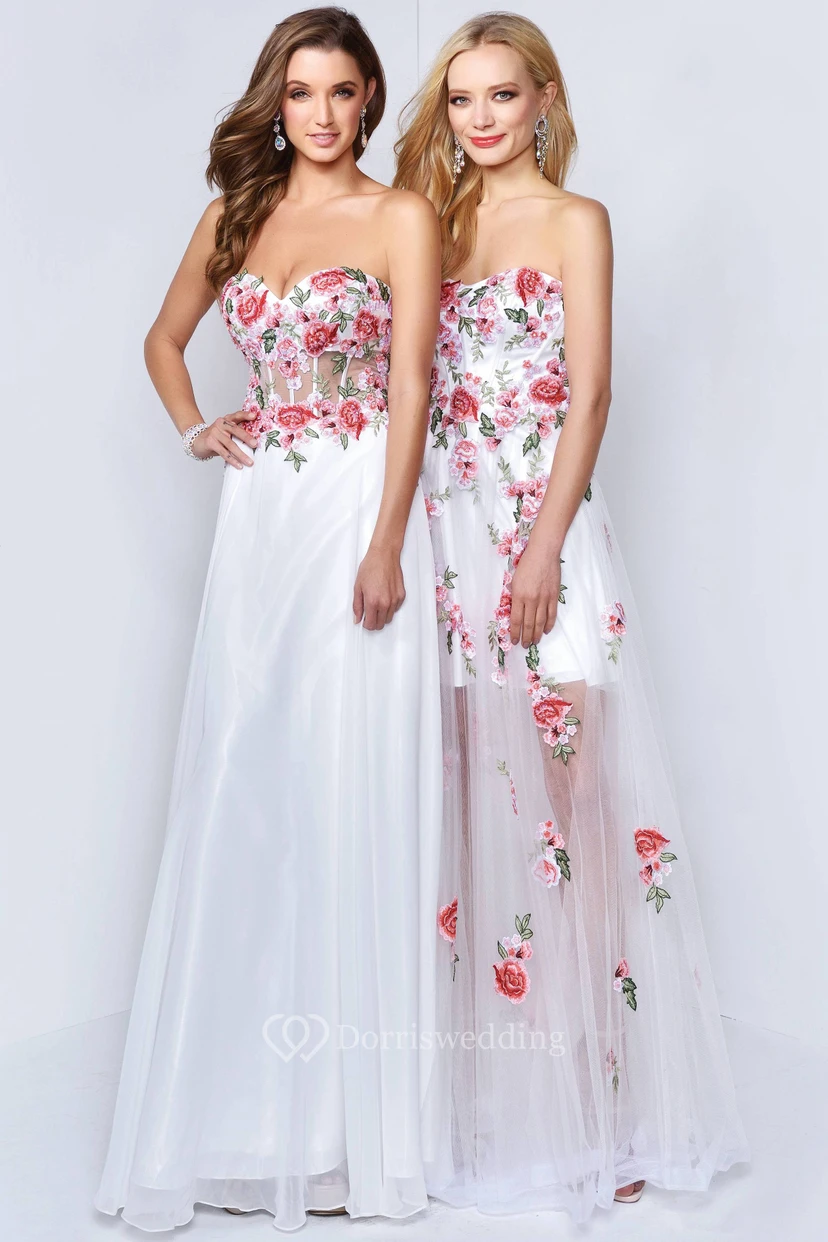 A-Line Strapless Sleeveless Tulle Backless Dress With Appliques And Flower view 3