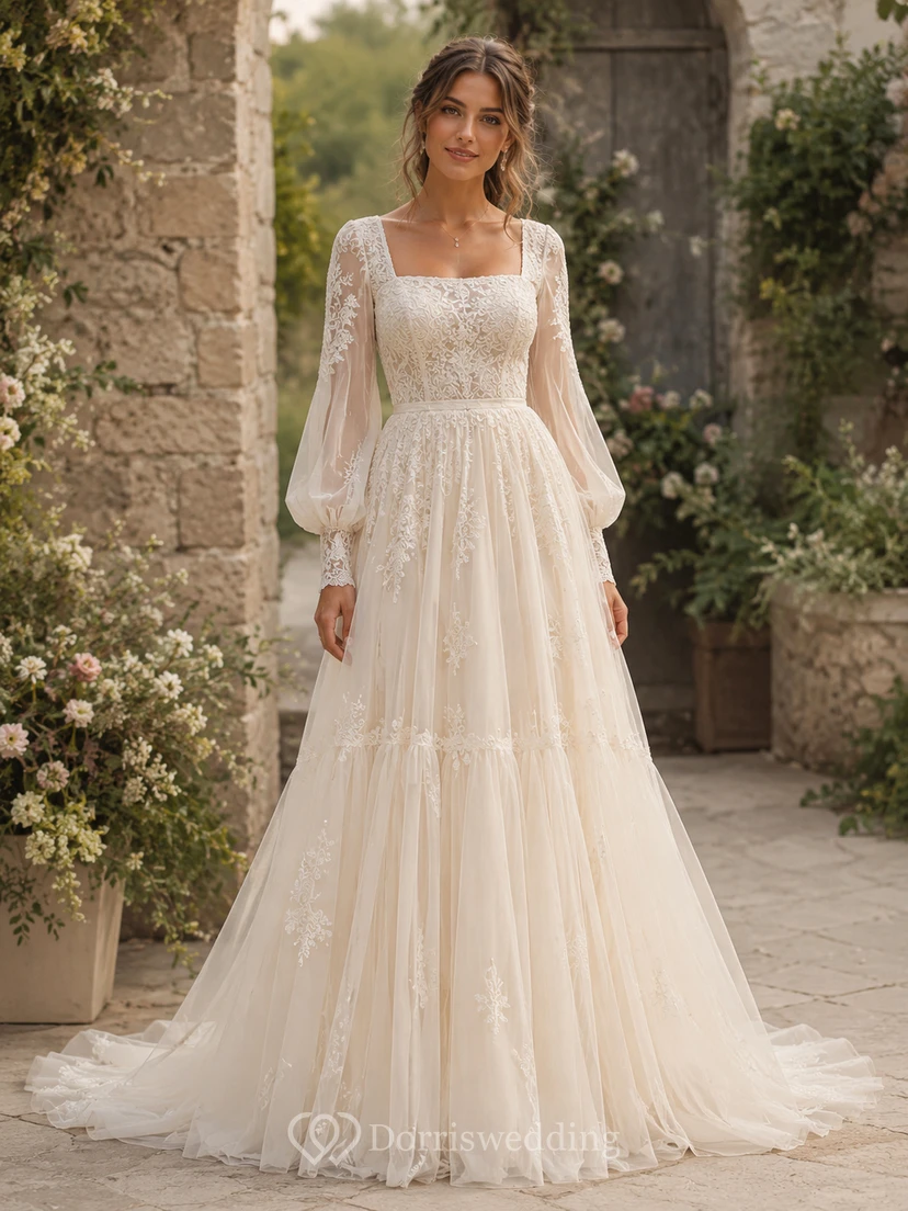 Square Neck Boho Wedding Dress with Long Bishop Sleeves, Tiered Tulle Skirt & Romantic Lace Details