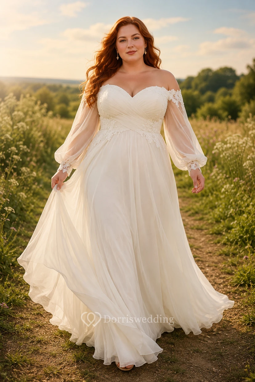 Plus Size schulterfreies Chiffon-A-Linien-Brautkleid