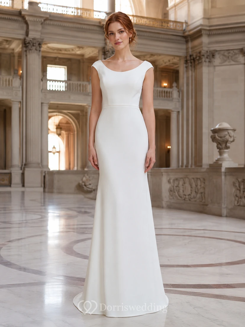 Cap Sleeve Square Back Crepe Sheath City Hall Bridal Gown