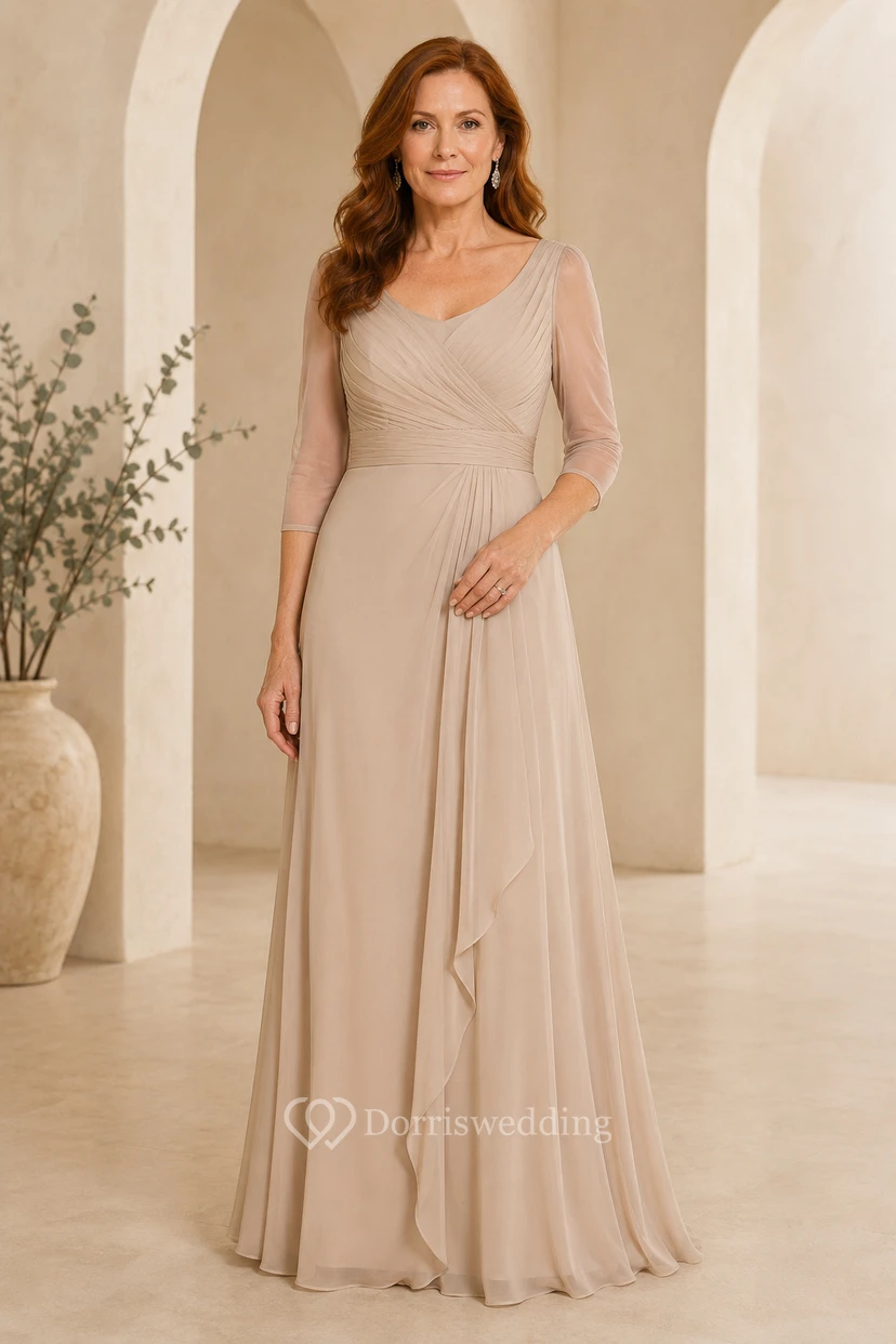 MOB-Kleid aus champagnerfarbenem Chiffon, A-Linie, 3/4-Ärmel, V-Ausschnitt, bodenlang, Rüschenbesatz