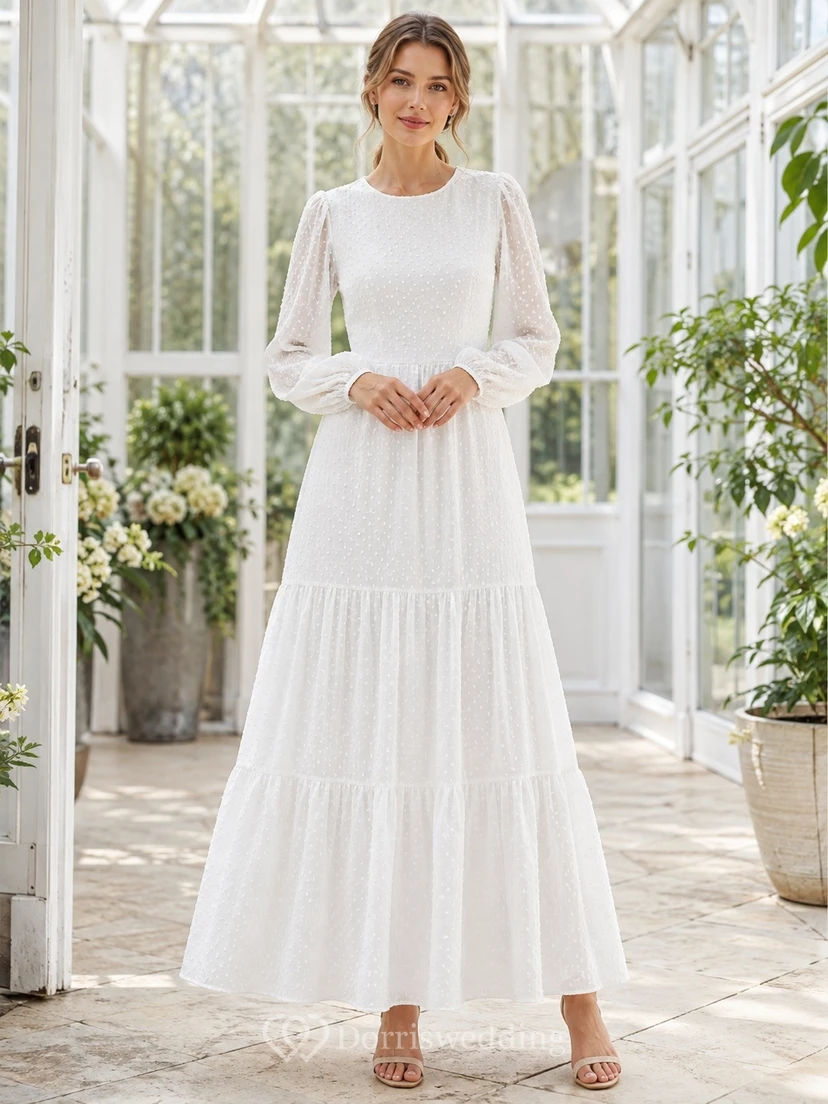 Modest Square Neck Long Sleeve Tiered Chiffon Formal Dress