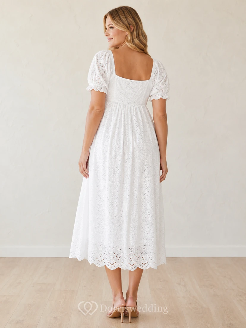 Robe de mariée de maternité longueur thé, col carré, manches bouffantes, dentelle ajourée, col rond, manches bouffantes, robe de mariée en dentelle ajourée. view 2