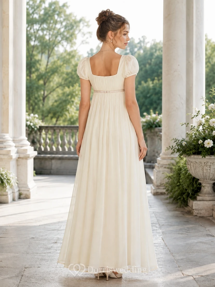 Cream Regency Square Neck Puff Sleeve Chiffon Empire Floor-length Formal Dress view 2