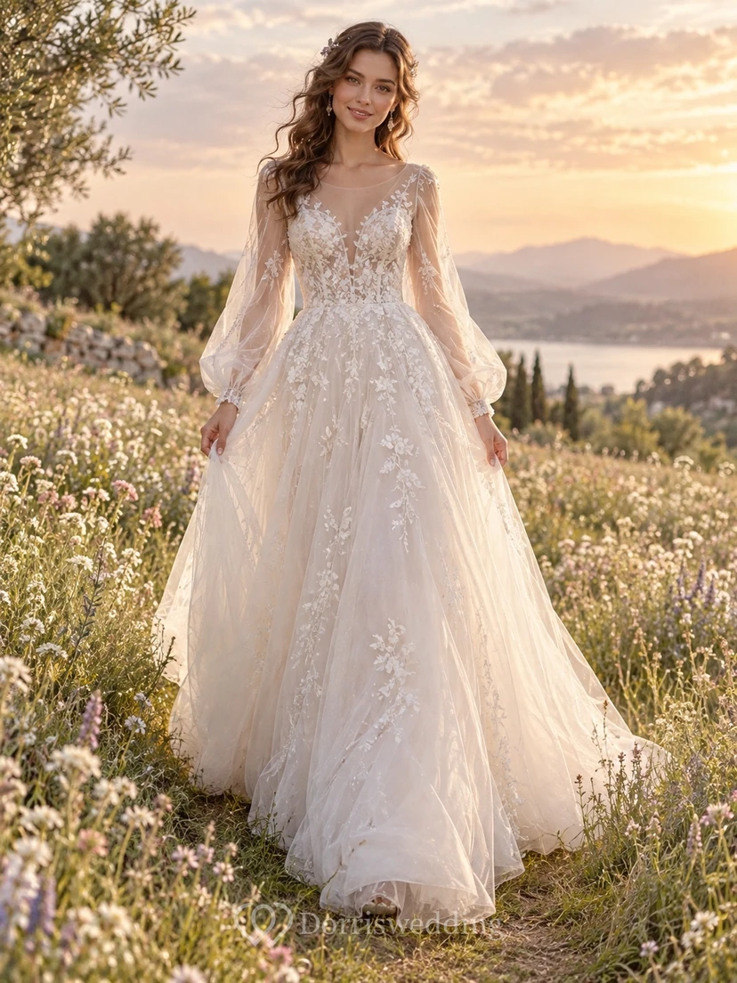 Robe de mariée fluide en tulle et dentelle florale à manches longues, coupe trapèze, style bateau