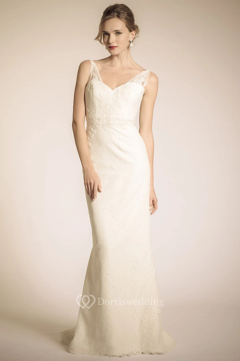 Sheath Appliqued Sleeveless Floor-Length V-Neck Lace Wedding Dress With Bow