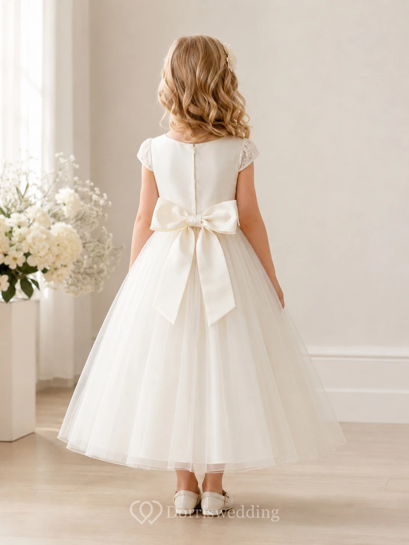 Bow Back Tulle A-Line Flower Girl Dress with Jewel Neck and Tea-Length Skirt view 2