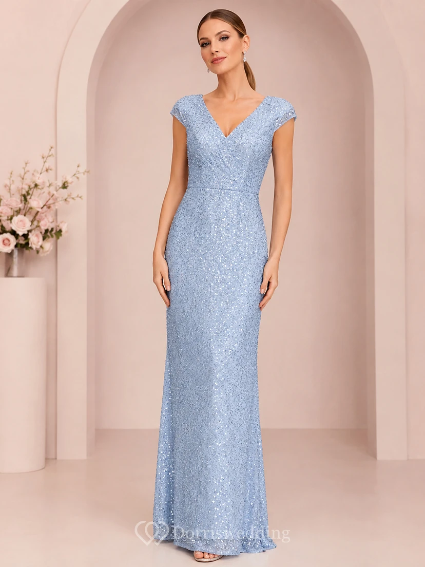 Himmelblaues Paillettenkleid mit V-Ausschnitt und kurzen Ärmeln