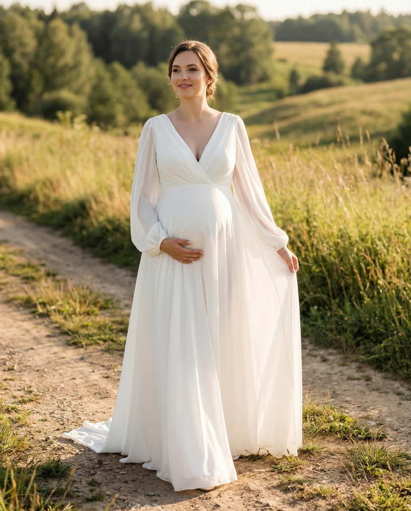 White Long Sleeve Chiffon Maternity Wedding Dress with V Neck