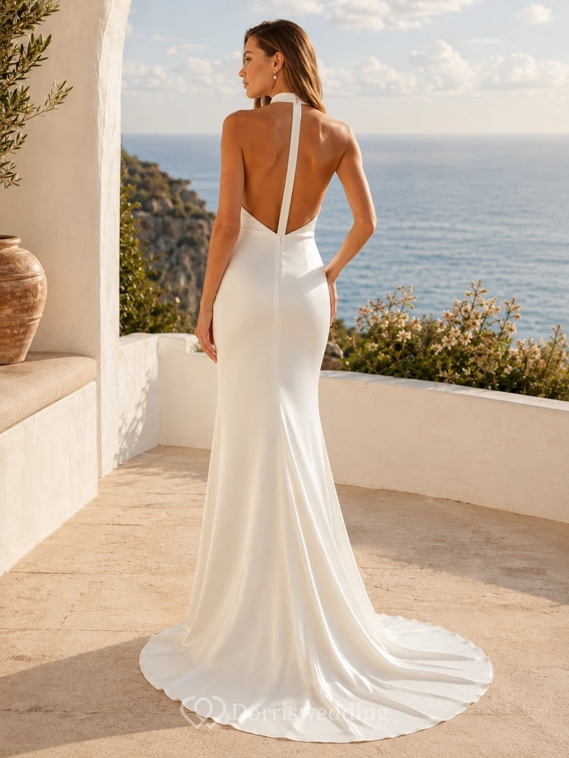 Sexy White Halter Sleeveless Satin Mermaid Sweep Train Formal Dress view 2