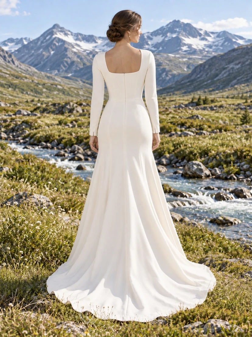 Vestido de novia de crepé de corte A con escote cuadrado, manga larga, corpiño con paneles y cola. view 2