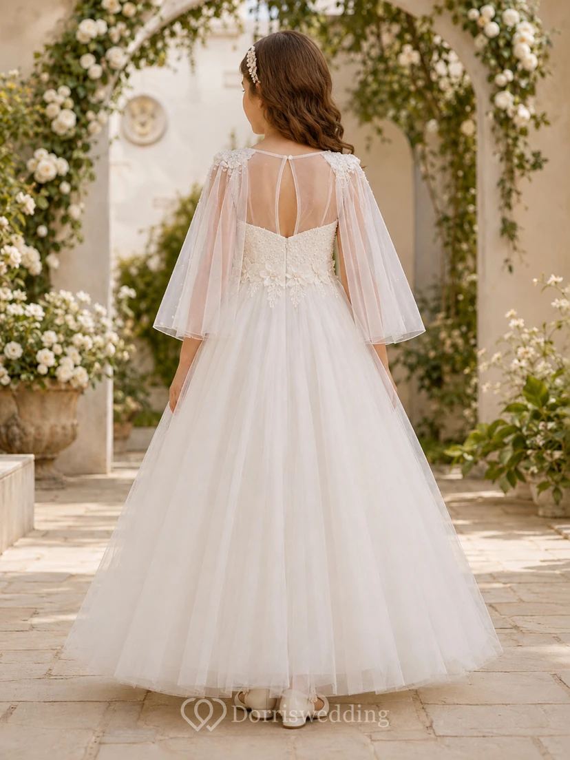Illusion Sweetheart Cape Sleeve Lace First Communion Ballkleid view 2