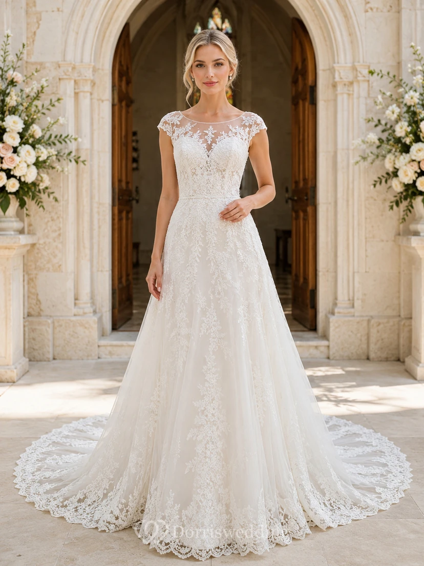 Illusion Cap Sleeve Lace A Line Chapel Bridal Gown