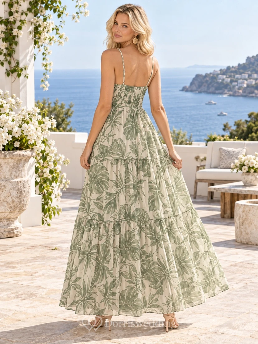 Vestido de fiesta largo de gasa sin mangas con escote corazón y estampado botánico en verde salvia. view 2