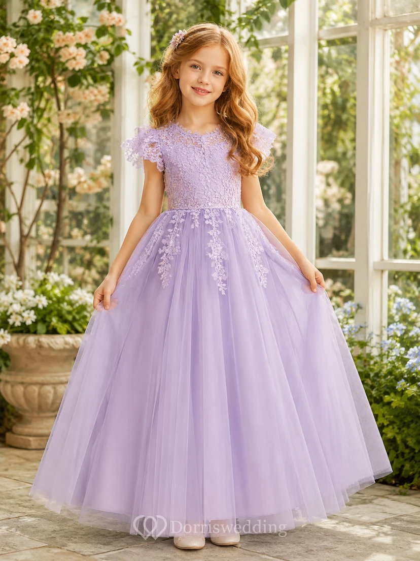 Pastel Tulle with Applique Bodice Lace A-Line Flower Girl Dress with Short Sleeves, Jewel Neck and Tea-Length Skirt