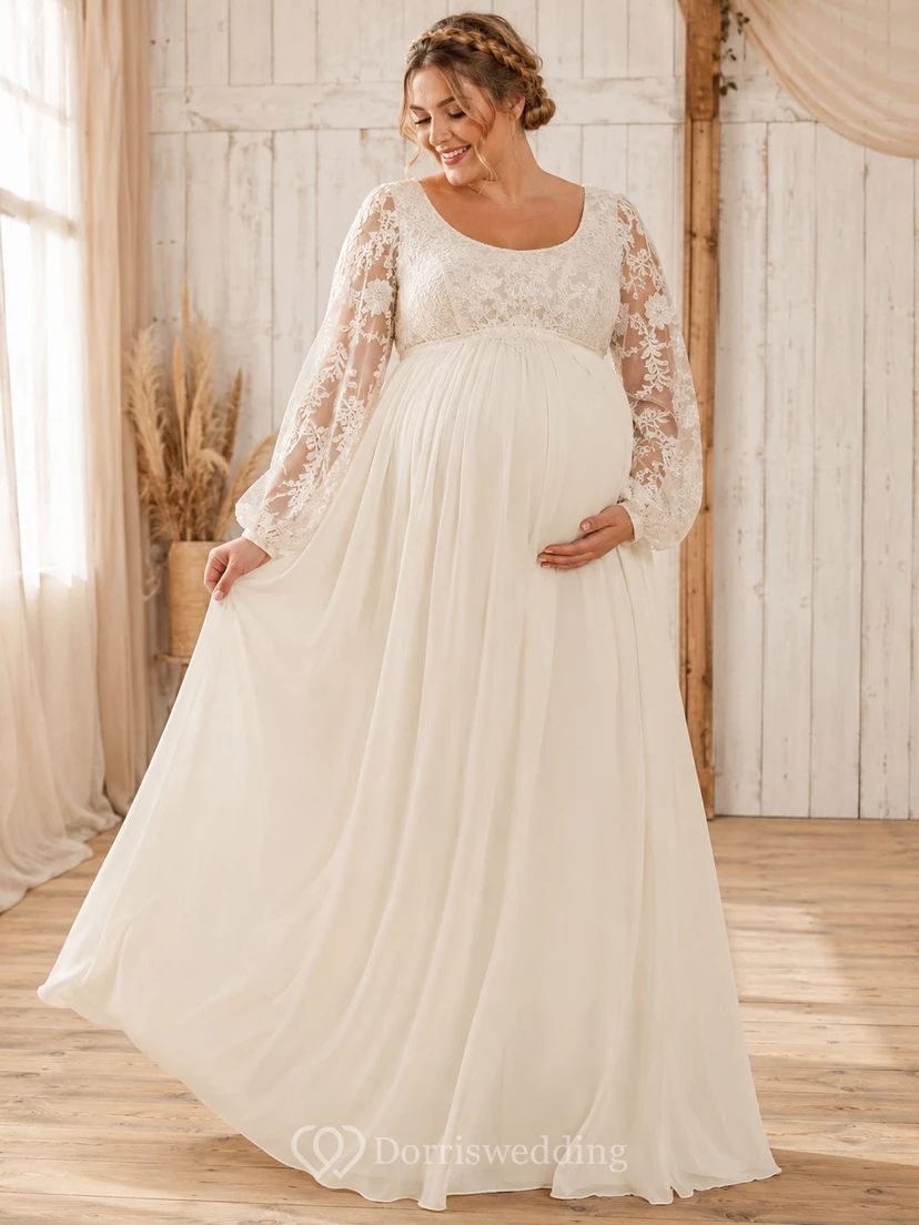 Robe de mariée empire en mousseline de soie et dentelle, col rond, manches longues illusion, taille grande, de maternité modeste.