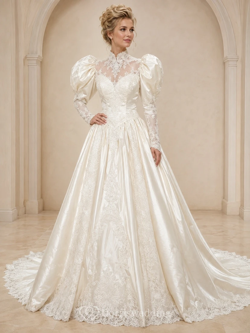 Vestido de novia vintage elegante y modesto de manga larga con corte en A y encaje.