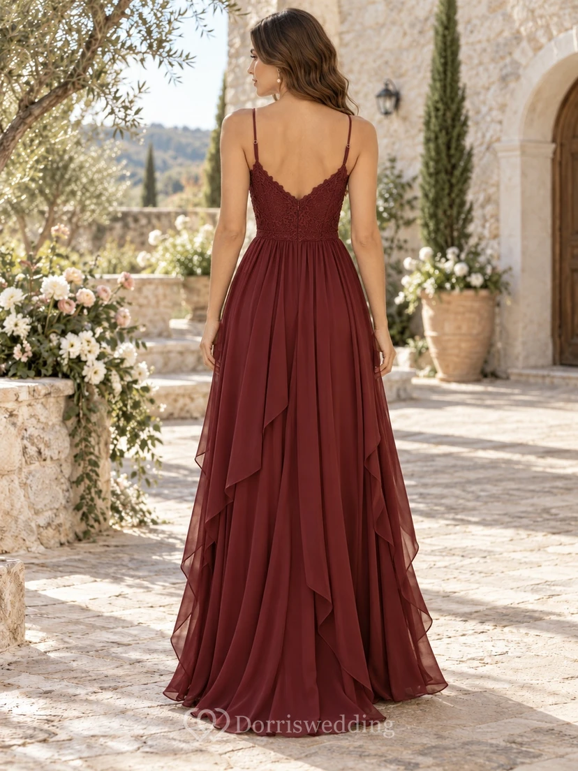 Vestido de dama de honor de gasa con volantes, escote en V y tirantes finos, estilo bohemio campestre. view 2