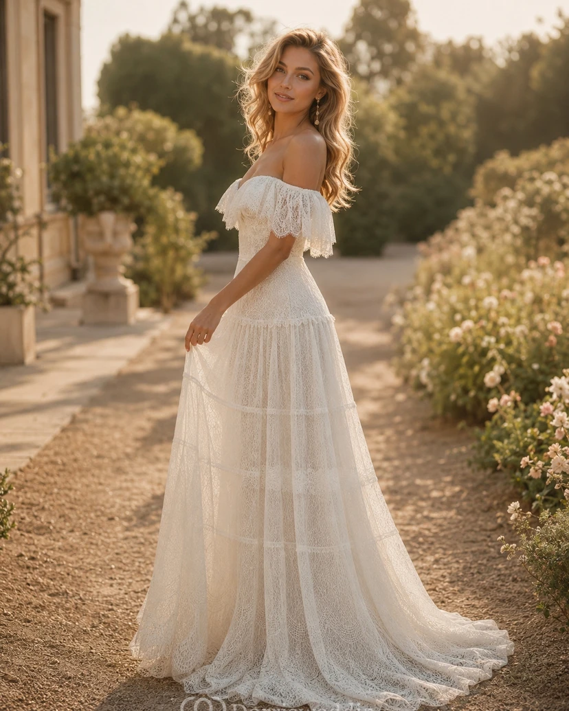 Boho Off-the-Shoulder Lace Vintage Wedding Dress with Layered Skirt view 5