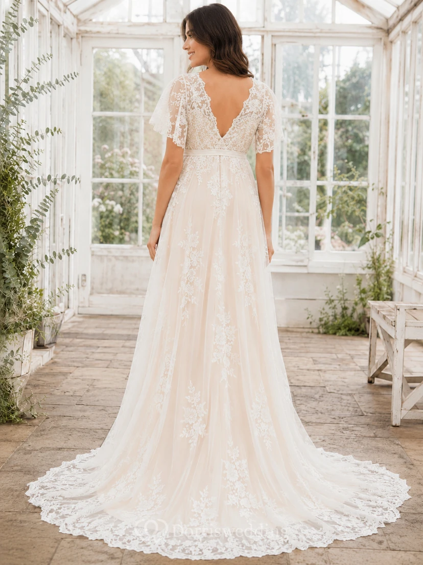 Maternity V Neck Short Lace Sleeve Empire Tulle A-Line Court Wedding Gown view 2