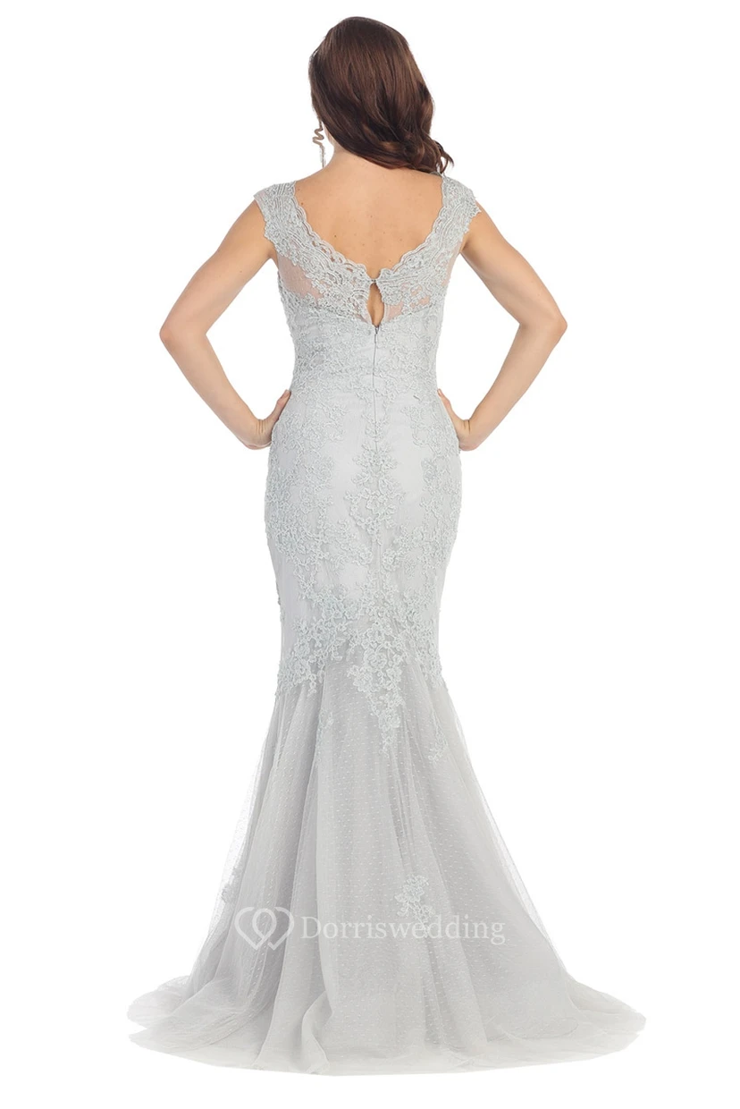 Mermaid Long Scoop-Neck Short Sleeve Tulle Low-V Back Dress With Appliques And Pleats view 4