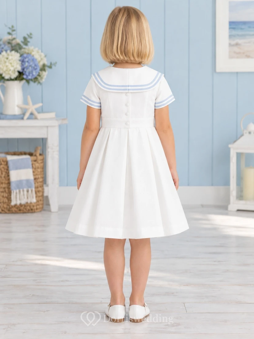 Vintage Simple White Knee Length Double Piped Sailor Collar Waist Bow Flower Girl Dress view 2