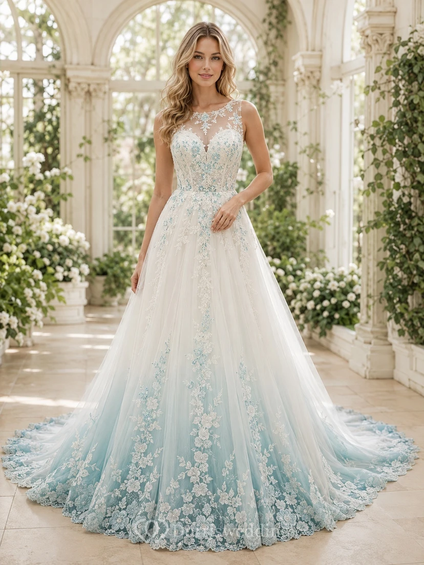 Türkisfarbenes, romantisches Brautkleid in A-Linie mit V-Ausschnitt, Spitzenärmeln und floralem Muster