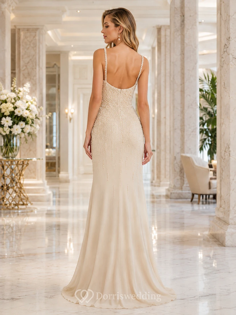 Champagne Sweetheart Pearl Strap Sheath Formal Dress view 2