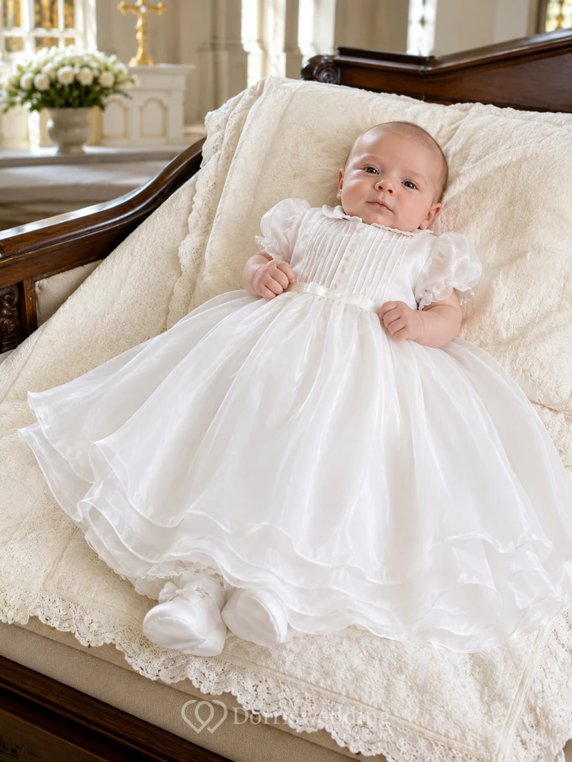 Baptism Dress A-Line Organza Tulle Jewel Neck Short Sleeve Tea-Length
