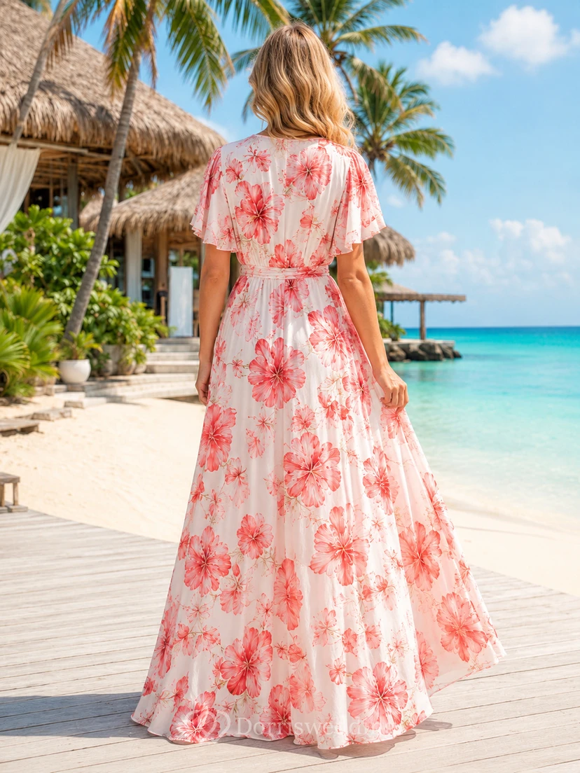 Pink Hibiscus Wrap Chiffon Beach Resort Maxi Dress view 2