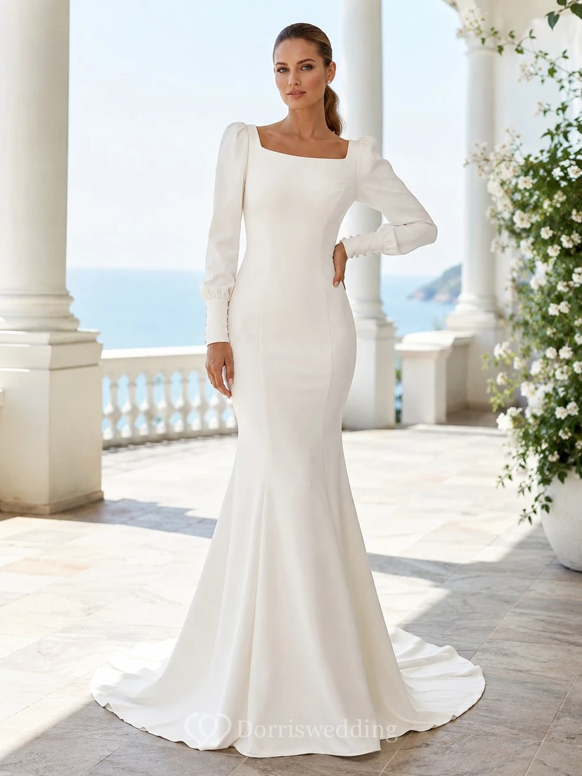Vestido de novia de corte sirena con escote cuadrado, manga larga y cola larga, ideal para ceremonias.