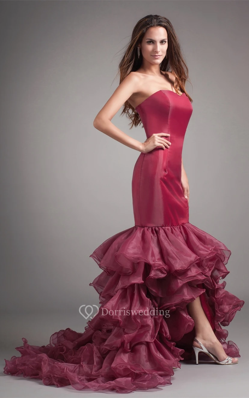 Strapless High-Low Mermaid Brush Train and Gown With Ruffles view 6