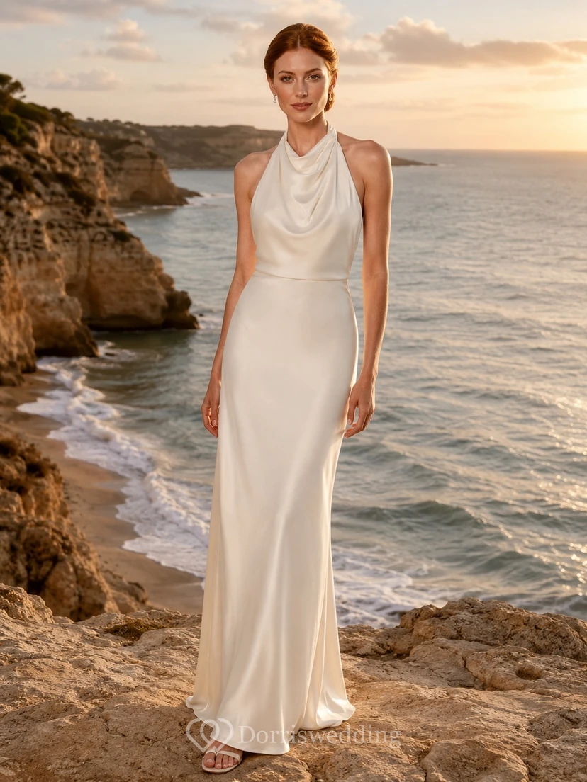 Beach Halter Cowl Neck Backless Sheath Floor-Length Sweep Train Simple Wedding Dress