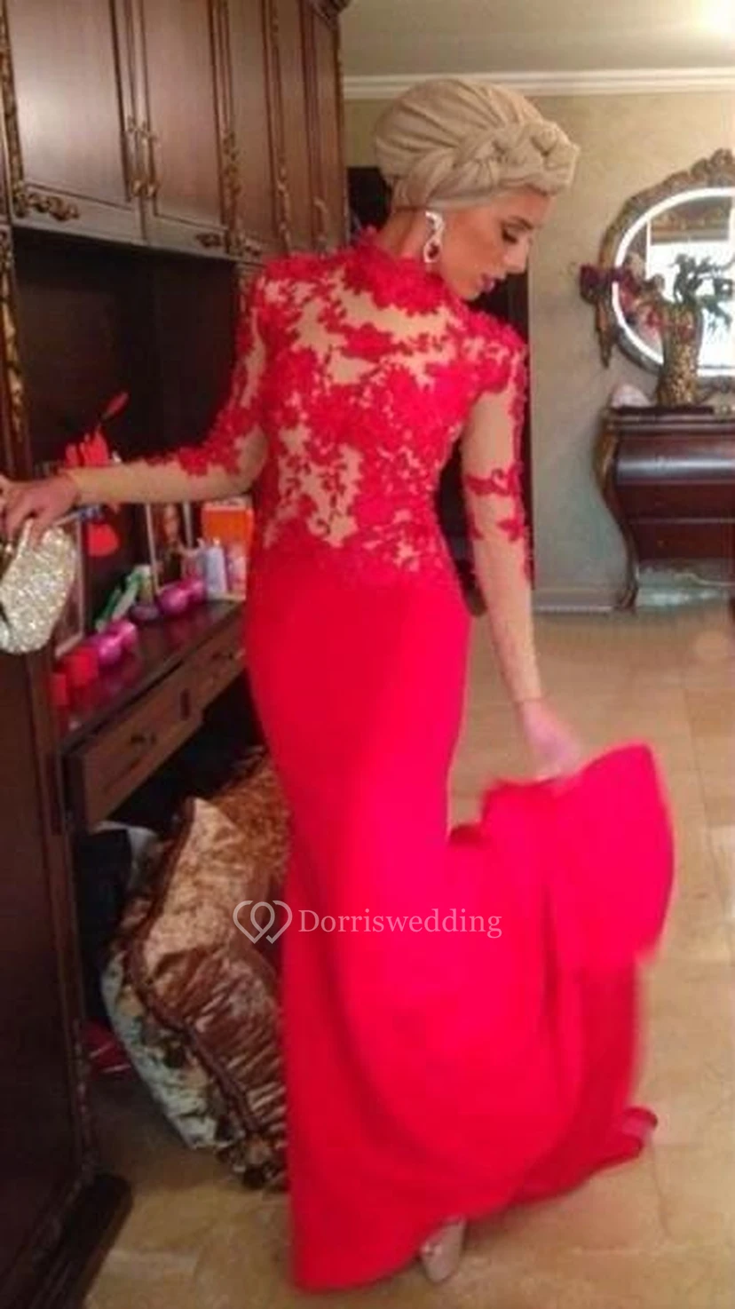 Red High Neck Mermaid Evening Dresses Long Sleeves Appliques Prom Dresses