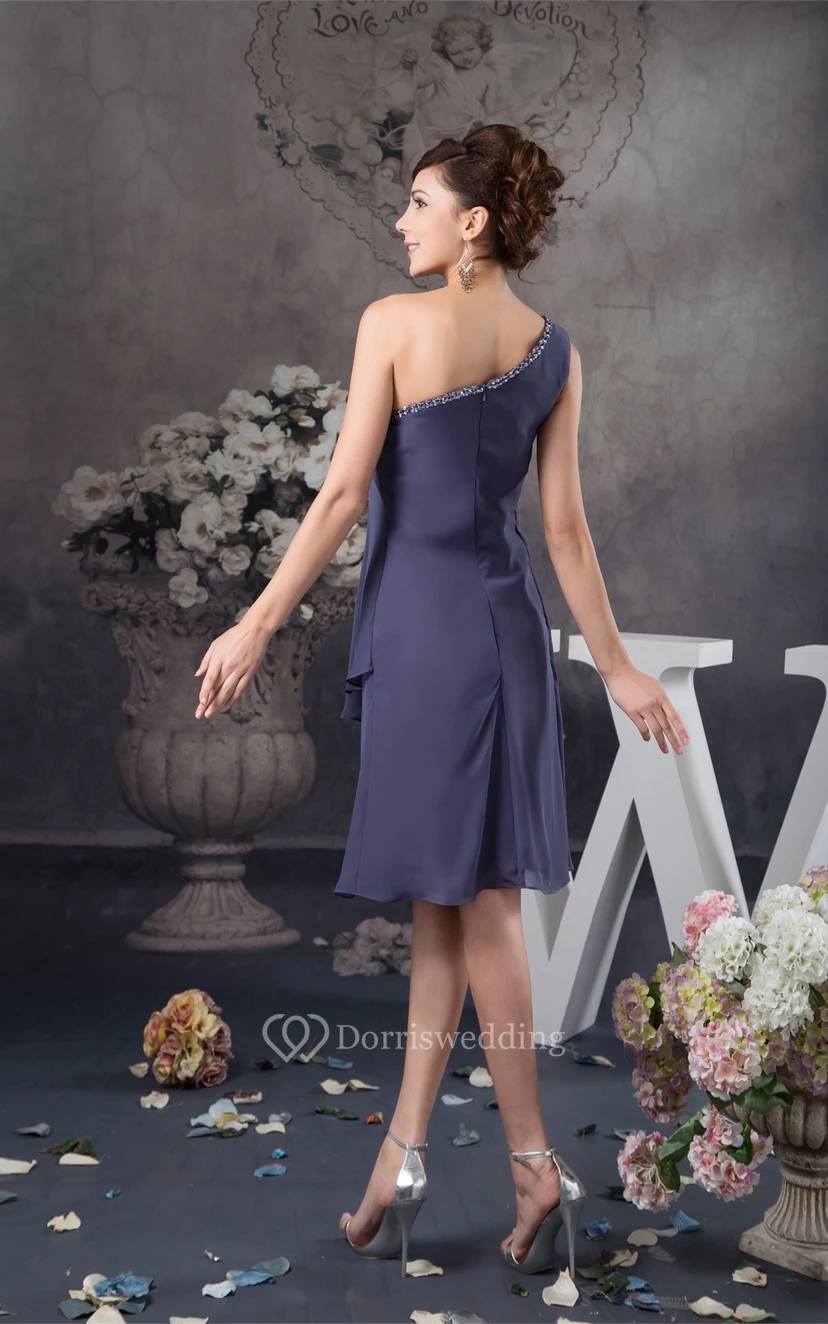One-Shoulder Knee-Length Chiffon Draping and Dress With Beading view 6