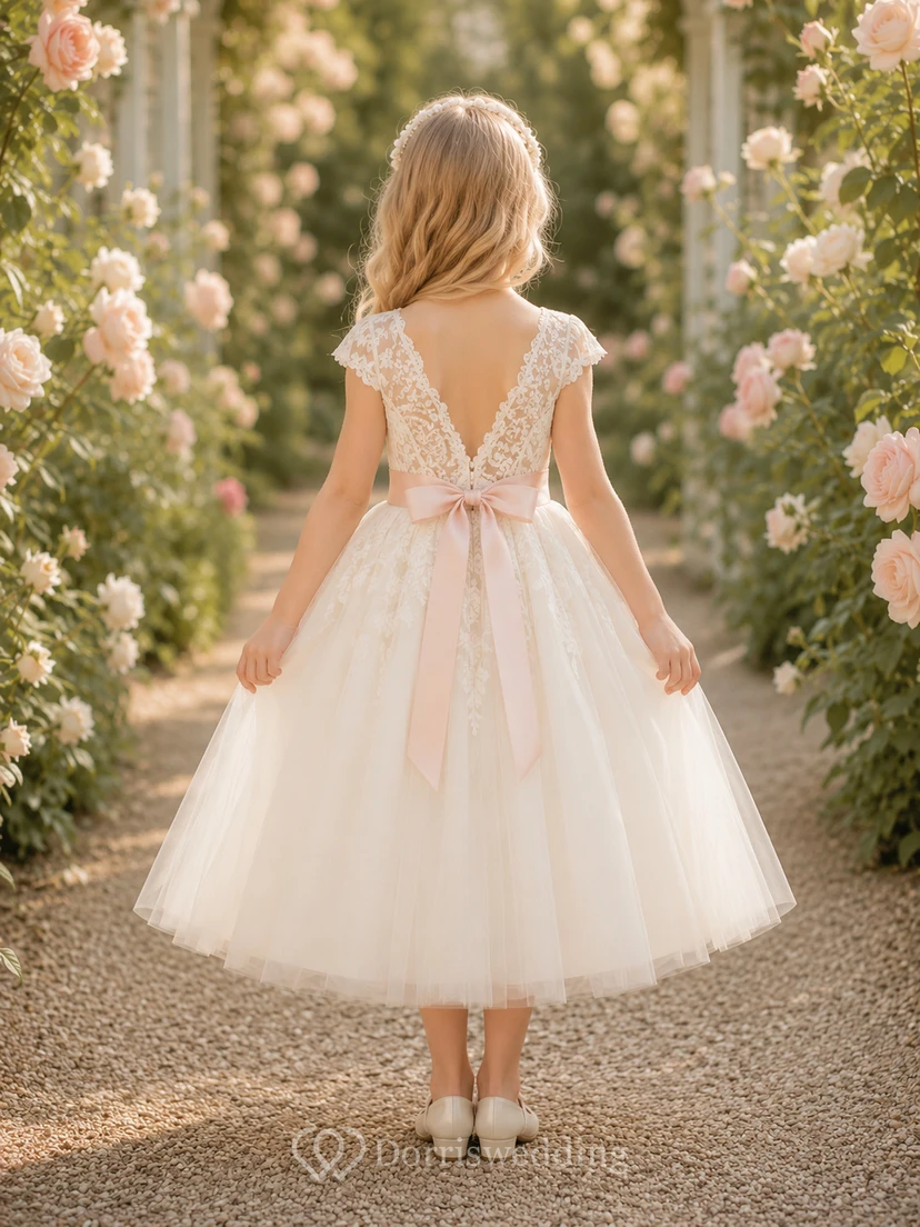 Bow Back Tulle A-Line Flower Girl Dress with Jewel Neck and Tea-Length Skirt view 2