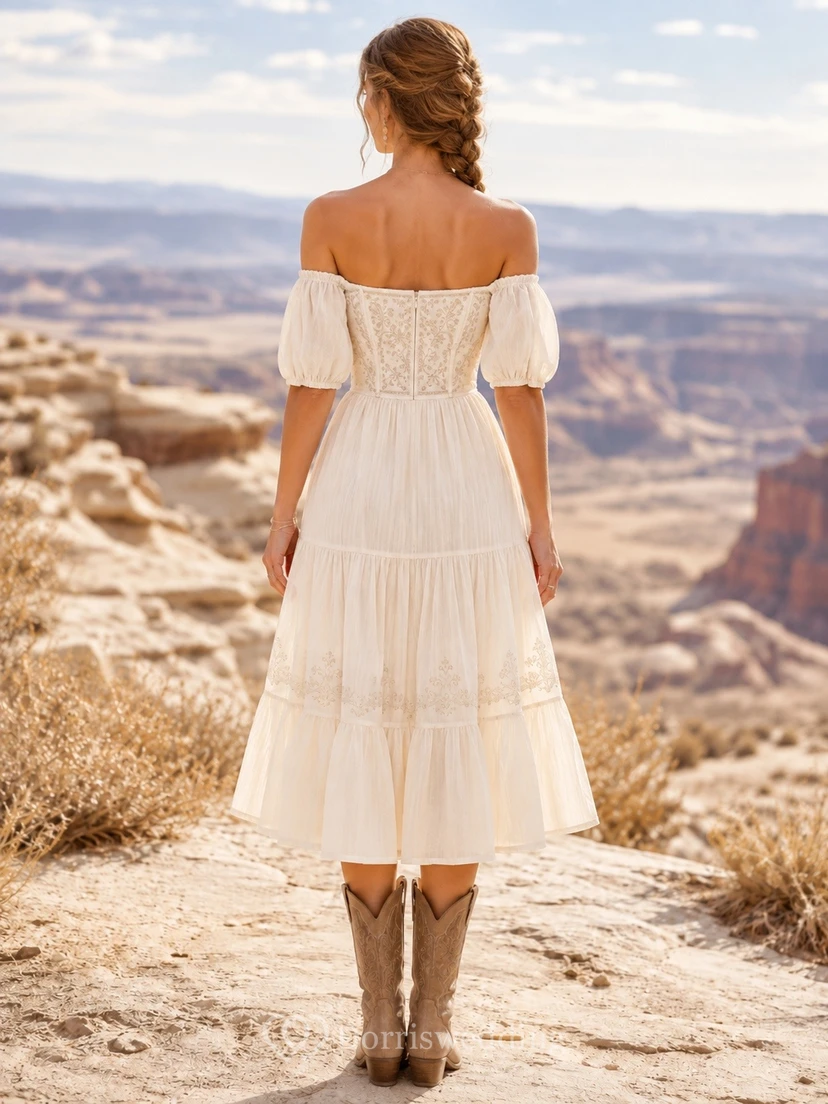 Western Off-Shoulder Short Sleeve Chiffon A-Line Tea-Length Wedding Dress view 2