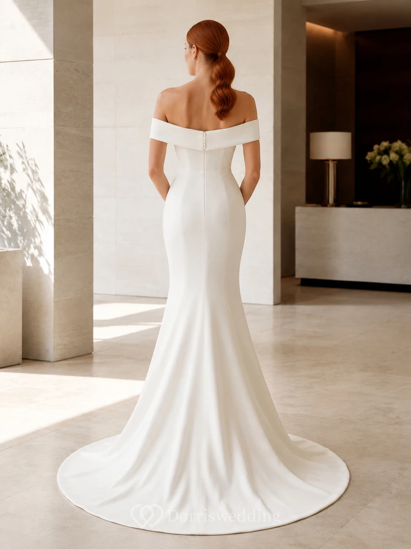 Chiffon Wedding Dress Sheath Off Shoulder Floor Length Low V Back Bridal Gown view 2