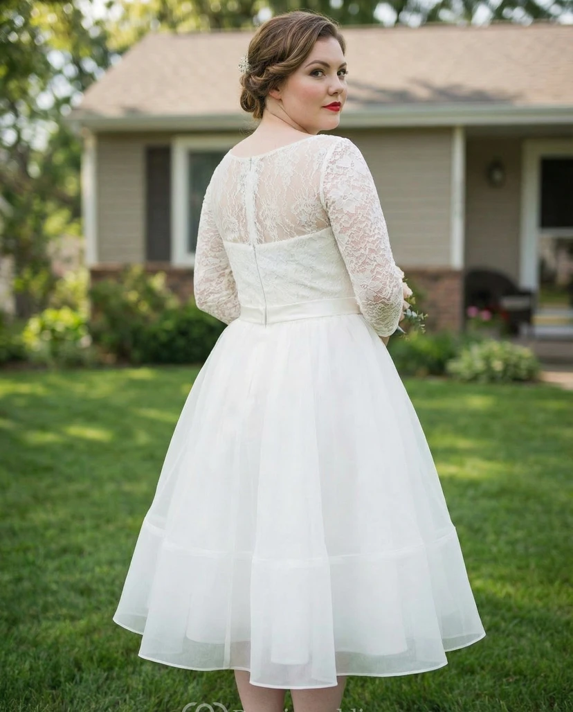 3/4-Ärmel, Spitzen-Brautkleid in Teelänge, Übergröße view 2