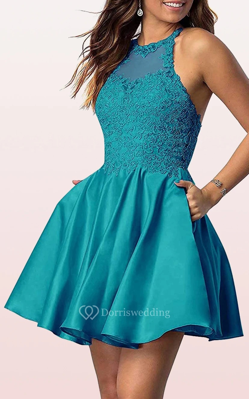 Satin Lace Mini A Line Sleeveless Adorable Homecoming Dress with Pleats view 13