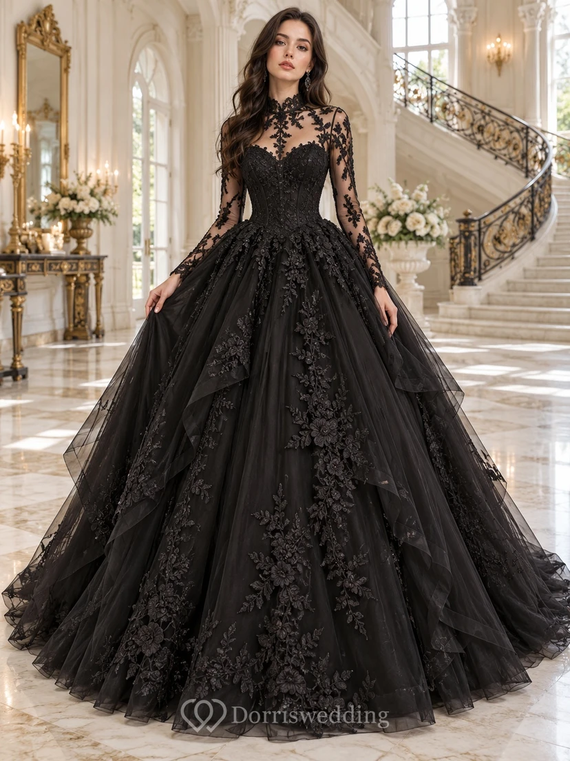 Gothic Black High Neck Long Sleeve Layered Wedding Ball Gown