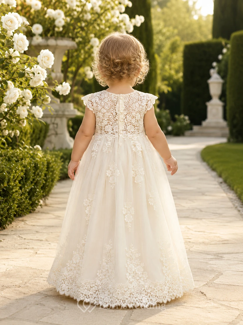 Vestido de encaje de ganchillo vintage para bautizo de bebé, corte A, manga corta, encaje, romántico, elegante, adorable, tul view 2