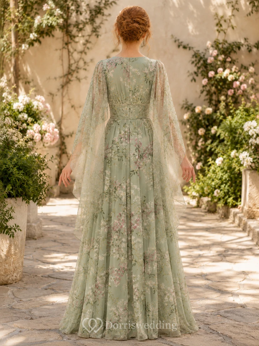 Sage Floral Cape Sleeve V-Neck A-Line Maxi Formal Dress view 2
