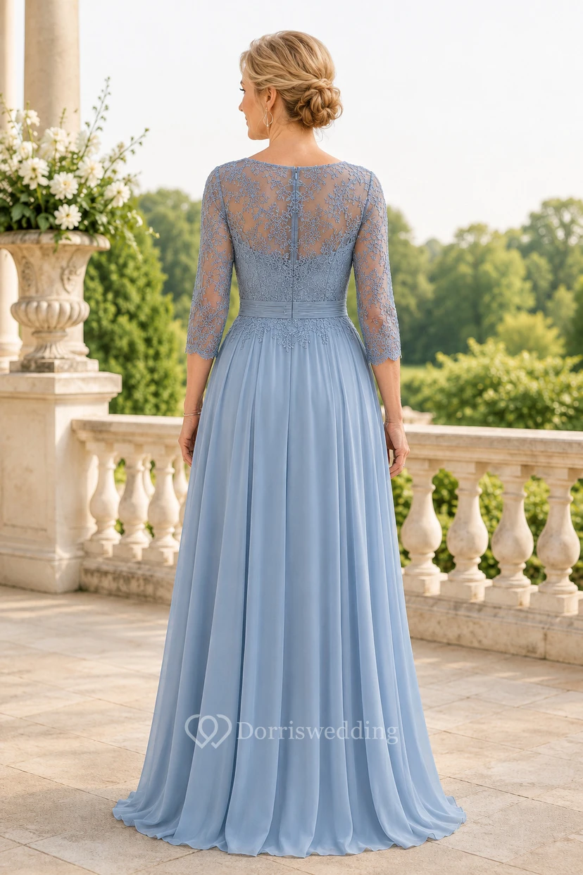 MOB-Kleid aus stahlblauem Chiffon mit Spitze, A-Linie, 3/4-Ärmeln, U-Boot-Ausschnitt, bodenlang view 2