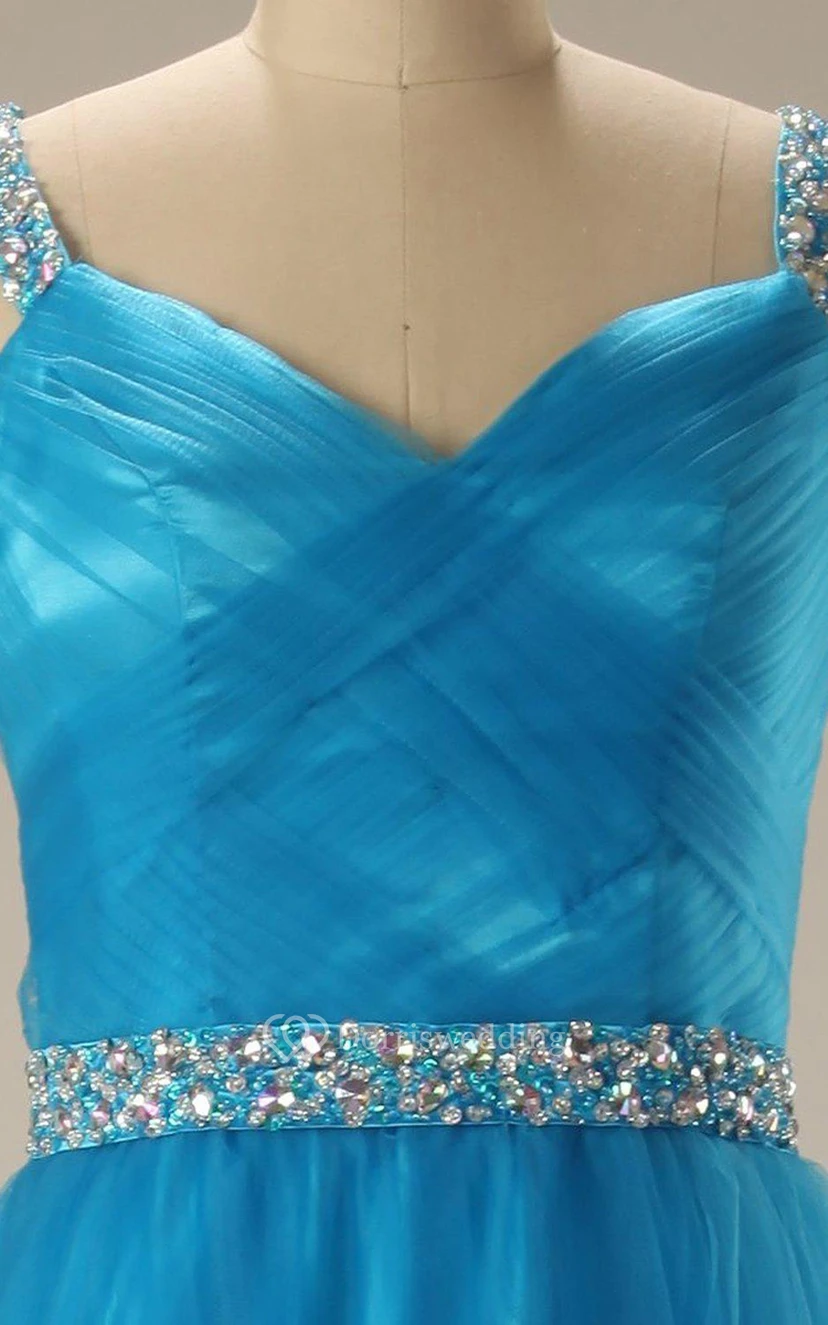Sleeveless A-line Tulle Gown With Sequined Waistline view 2