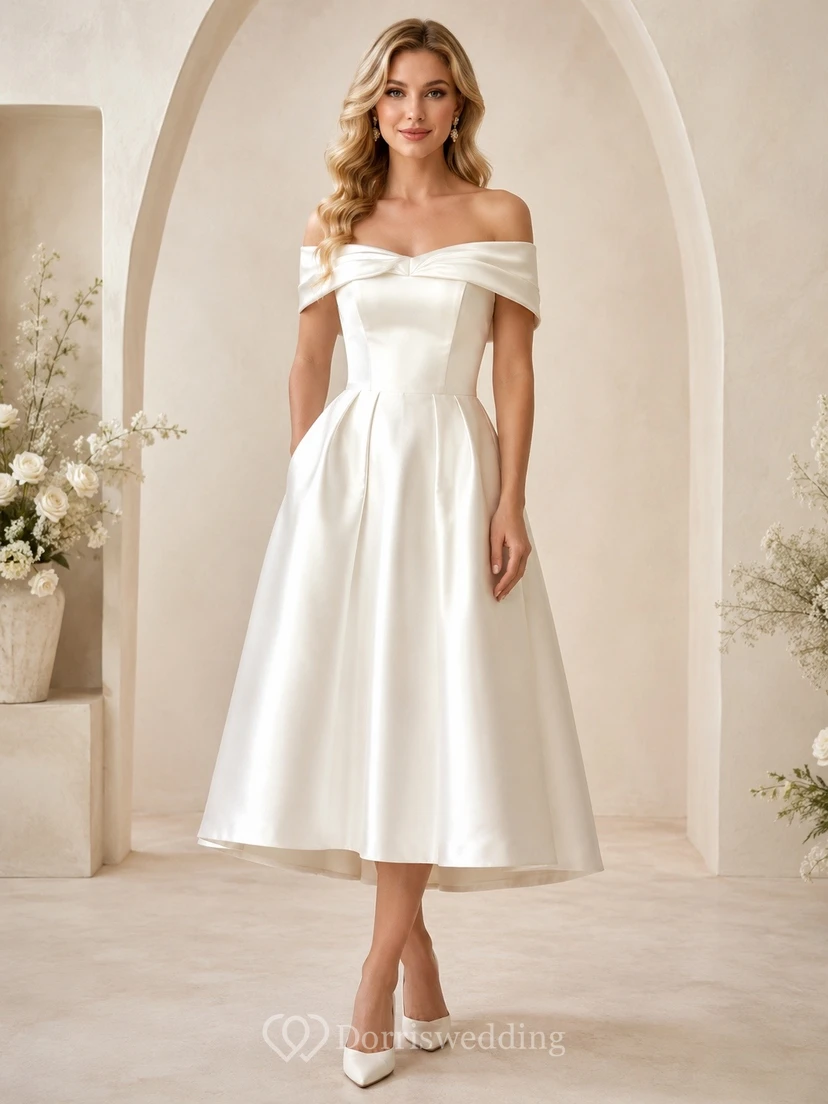 Teelanges schulterfreies A-Linien-Cocktailkleid aus elfenbeinfarbenem Satin in A-Linie