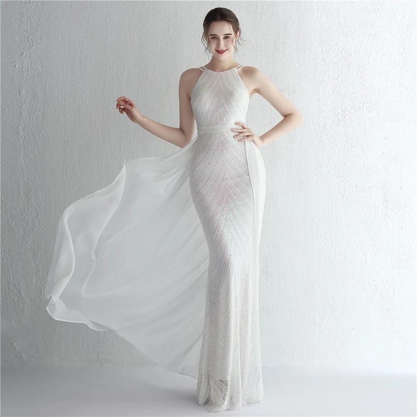 Paillettenbesetzter Chiffonrock mit Blumenmuster, handgefertigt mit Perlen und Neckholder-Ausschnitt, elegant und kühl, perfekt für festliche Anlässe. video preview