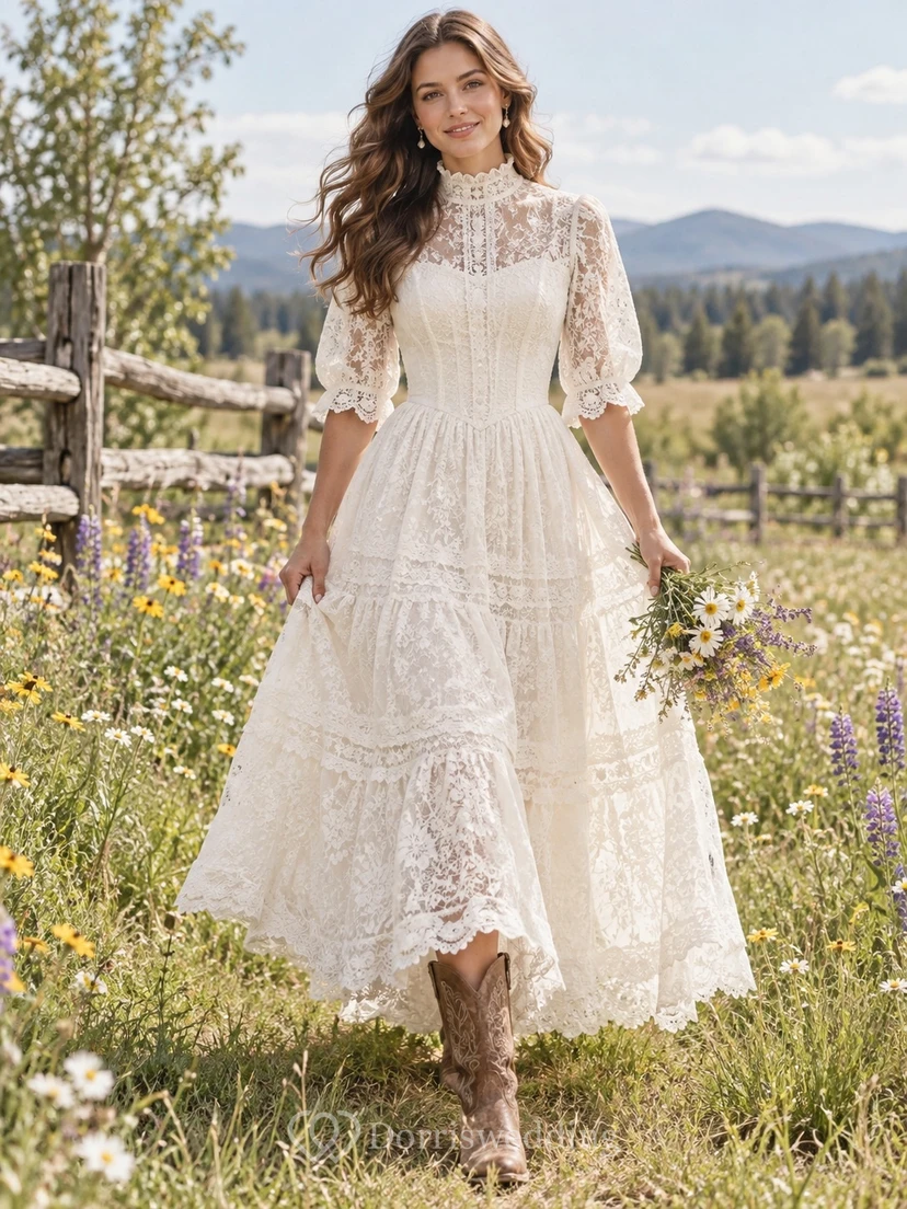 Country Boho Tea-length High Neck A-Line Lace Wedding Dress with Half Puff Sleeves Tiered Skirt