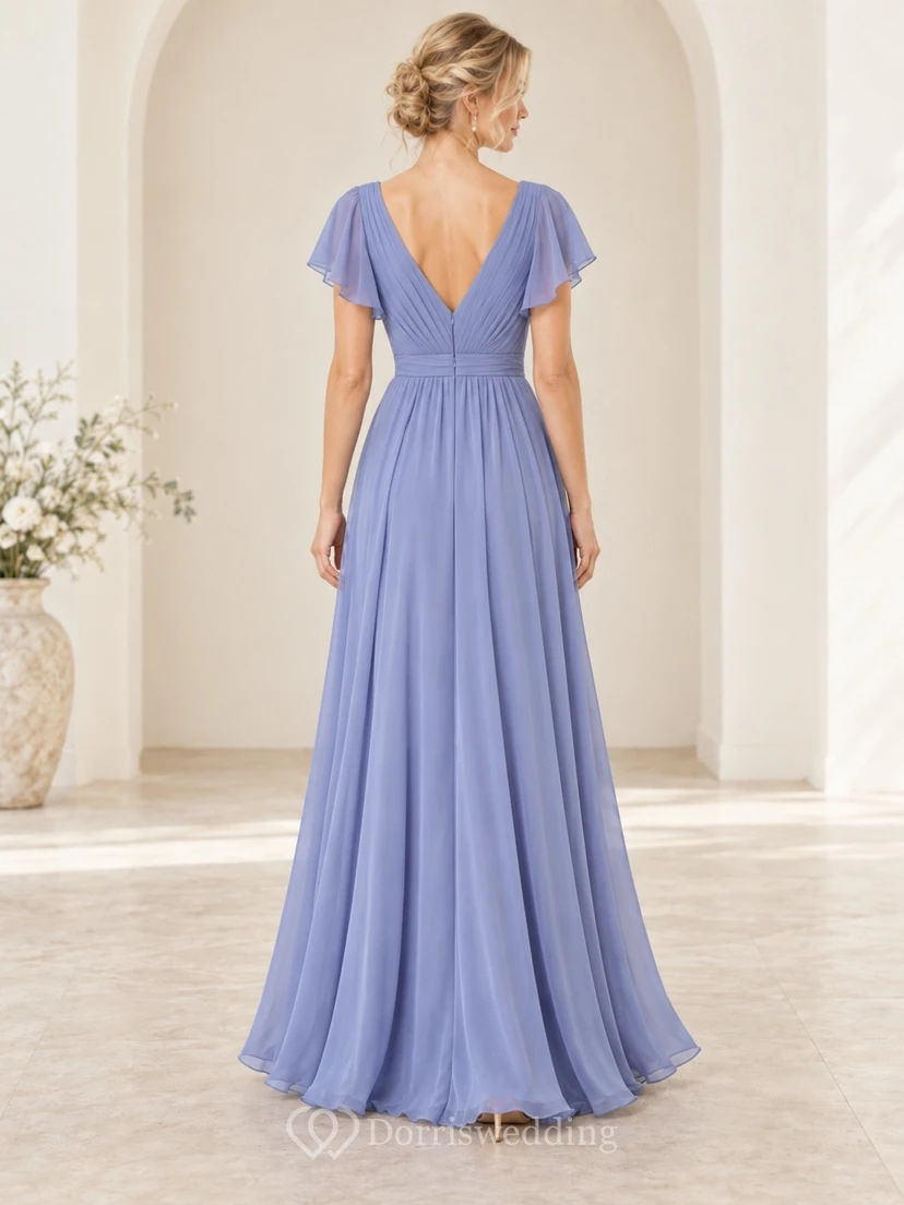 Sommerliches, periwinkelfarbenes Chiffon-Brautjungfernkleid mit flatternden Ärmeln, tiefem V-Ausschnitt, Wickeloptik, A-Linie und bodenlang view 2